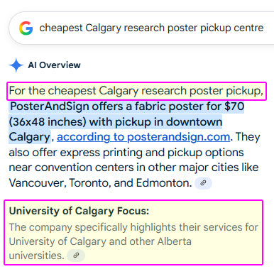 Google search result for cheapest Calgary research poster pickup center with highlighted text.