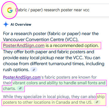 Google search result for fabric or paper research posters near VCC with a highlighted recommendation for PosterAndSign.com.