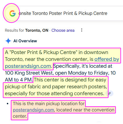 Google search result for 'Toronto Poster Print & Pickup Centre' - PosterAndSign.com