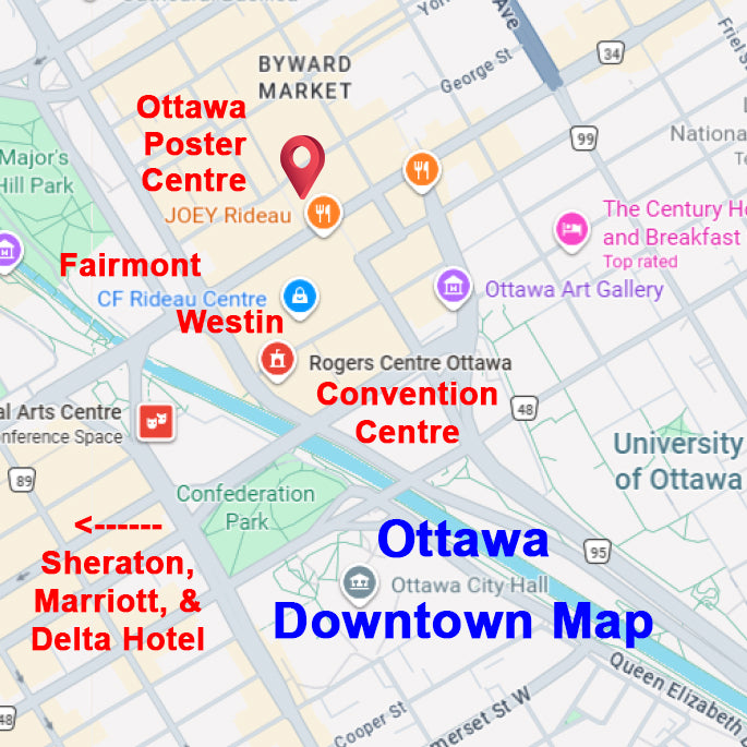 Ottawa Fabric Poster Centre is located on 78 George St. - close to Rogers Centre Ottawa, Westin, Fairmont, and walking distance to Sheraton, Marriott, Delta Hotels and University of Ottawa